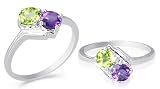 Round Cut Peridot & Amethyst Ring Sterling Silver Size 7