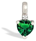 14K White Gold Heart Created Emerald and Diamond Pendant