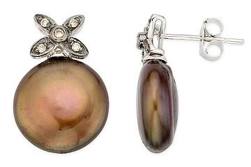 10-11mm Cultured Freshwater Chocolate Coin Pearl and Brown Diamond 14K White Gold Earrings