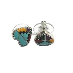 Native American Sterling Silver Multi Stone Inlay Post Earrings in Heart Shape