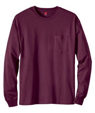 Hanes Tagless 6.1 oz Long-Sleeve with Pocket, Maroon, XL