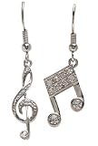 Silver Treble Clef & Double 16th Note Dangle Earrings with Crystal accents