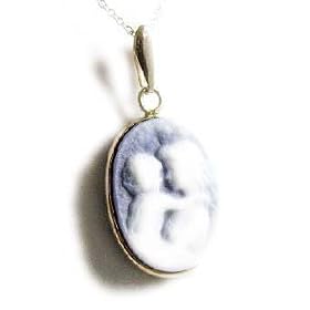 14k Blue Agate Mothers Love Cameo Pendant in White Gold by JewelryWeb