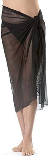 Long Black Mesh Swimsuit Sarong Cover up with Built in Ties