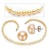 14k, 9-10mm Golden Color Pearl Earring and Necklace Set