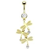 14K gold plated jeweled belly ring with triple dragonfly dangle