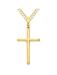 14K Yellow Gold Classic Cross Charm Pendant with Yellow Gold 2.7mm Concave Curb Cuban Chain Necklace with Lobster Claw Clasp - Pendant Necklace Combination (Different Chain Lengths Available)