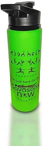 YOGA WATER BOTTLE (Neon Green): BPA Free Aluminum sports bottle. 25 ounce capacity. Various yoga poses contrasted with Savasana.