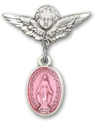 Sterling Silver Baby Badge with Pink Miraculous Charm and Angel w/Wings Badge Pin