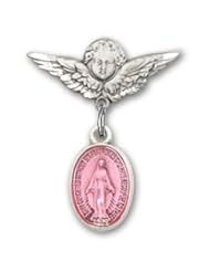 Sterling Silver Baby Badge with Pink Miraculous Charm and Angel with Wings Badge Pin