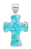 Sterling Silver Teal Blue Millefiori Murano Glass Cross Pendant