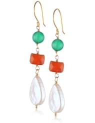 Teardrop White Freshwater Cultured Pearls and Carnelian Gold over Silver Victorian Box Chain Drop Earrings