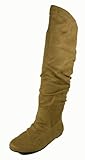 Cheryl! By Soda Fashion Slouchy Knee-high Flat Boots with Ruched Back Design and Buckle Adornment, light taupe faux suede, 6.5 M