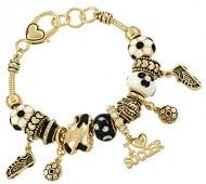 Womens Charm Soccer Theme Bracelet / Murano & Metal Beads / Silver Plated