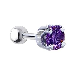 18 Gauge 3/16" -Solid 14KT White Gold 4mm Amethyst Cubic Zirconia Cartilage Earring