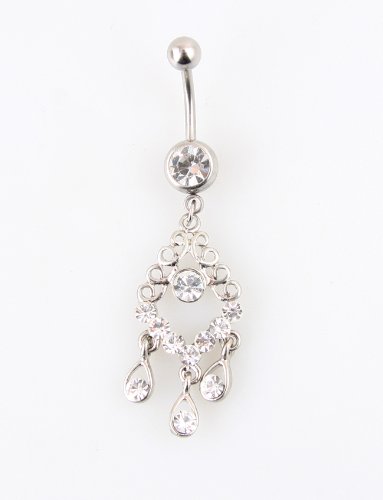 Dangling Belly Button Ring with White Stones - 14g