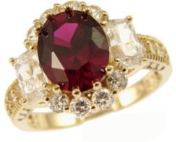 14k Yellow Gold, Fancy Estate Cocktail Style Ring with Lab Created Brilliant Oval Shape Red Colored Stone