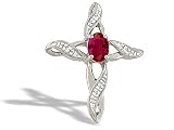 14K White Gold Genuine Oval Ruby and Diamond Cross Pendant