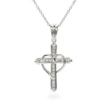 Eve's Addiction Charming Sterling Silver CZ Cross with Heart Pendant