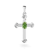 14K White Gold Genuine Oval Peridot Cross Pendant