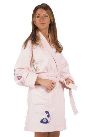 Girl Talk Appliqued Bathrobe, 100% Cotton Terry Cloth, Short, Lt. Pink, One Size