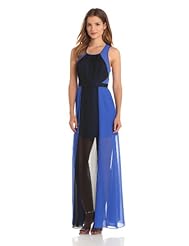 Floor Length Polyester Round Neck Sleeveless Colorblocking  Dress
