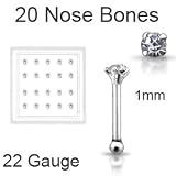 20 Pack 925 Sterling Silver Nose Bones Rings 1mm Clear Gem 22G FREE Nose Ring Backing
