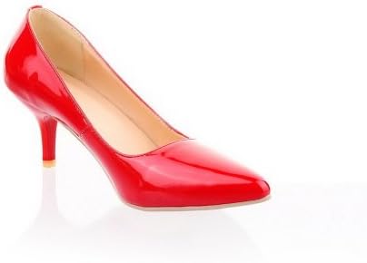 VogueZone009 Ladies Closed Pointed Toe Kitten Heel Spikes Stilettos Patent Leather PU Solid Pumps, Red, 7.5 B(M) US