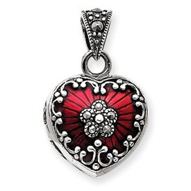 Sterling Silver Red Enamel & Marcasite Heart Locket