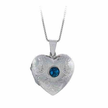Sterling Silver Reconstituted Blue Turquoise Etched Heart Locket Pendant