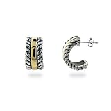 Eve's Addiction Sterling Silver Gold Hoop Earrings with Cable Borders