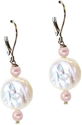 Freshwater Pearl Coin and Swarovski Pearl Dangle Earrings for Women