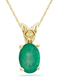 1.05 Cts of 8x6 mm A Oval Natural Emerald Solitaire Scroll Pendant in 14K Yellow Gold