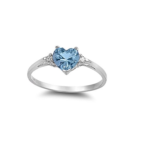 Heart Simulated Aquamarine Cubic Zirconia Ring Sterling Silver 925 (Sizes 3-15)