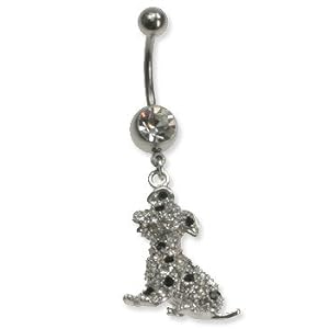 Stainless Steel Belly Ring with Clear Australian Crystals - Dangling Dalmatian