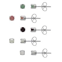 Sterling Silver 3mm Round Genuine Ruby, Emerald, Sapphire, Opal, Pearl Stud Earring Set