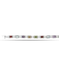 Sterling Silver Rhodium Plated Fancy Style Tennis Bracelet With Citrine, Amethyst, Aqua Marine, Garnet And Peridot Gemstones - 7.5 Inches