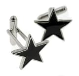 Black Enameled Star Cufflinks Silver-Tone Cuff Links Included Gift Box