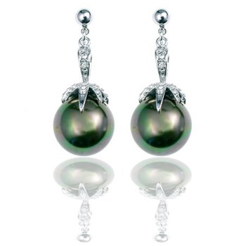 Created Tahitian Pearl with CZ Brinjal Earring