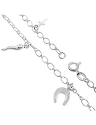 Lovely Sterling Silver Horse Shoe, Lucky Horn, Cross, Heart, and Key Ankle Bracelet, Includes Gift Box and Special Pouch.