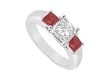 Three Stone Diamond and Ruby Ring : 14K White Gold - 0.50 CT TGW - Manufacturer by FineJewelryVault