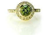 18K Yellow Gold Circle-Shape Peridot Color-Stone Ring, Set with Pave Diamonds