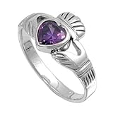 Rhodium Plated Silver 12mm Claddagh Amethyst CZ Ring (Size 4 - 10)