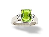 14K White Gold Genuine Emerald-cut Peridot and Diamond Ring