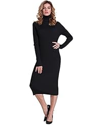 Turtleneck Viscose/Knit Sweater Stretchy Long Sleeves Midi Dress 