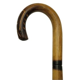 Walking Cane - Carved nose-crook handle, 1" diameter rattan, four stepped scorched shaft, 36" long with rubber tip
