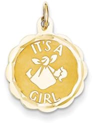 Genuine IceCarats Designer Jewelry Gift 14K Polished Its A Girl Scalloped Disc Charm