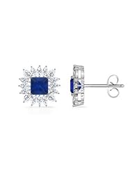 Square Sapphire and Diamond Floral Border Earrings in White Gold