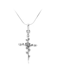 Sterling Silver Vintage Rose Flower Cross Pendant Necklace 18
