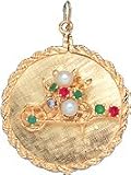 Wheelbarrow With Flowers on Rope Edge Disc, 14K Gold Charm
